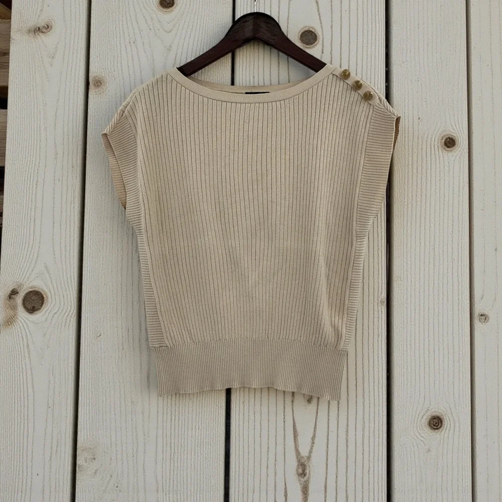 Ann Taylor Factory Ribbed Boat Neck Cap Sleeve‎ Sweater Top Beige Size M